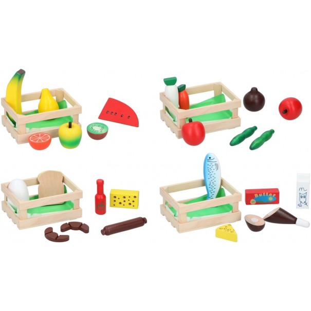 Caja de madera con comida de juguete