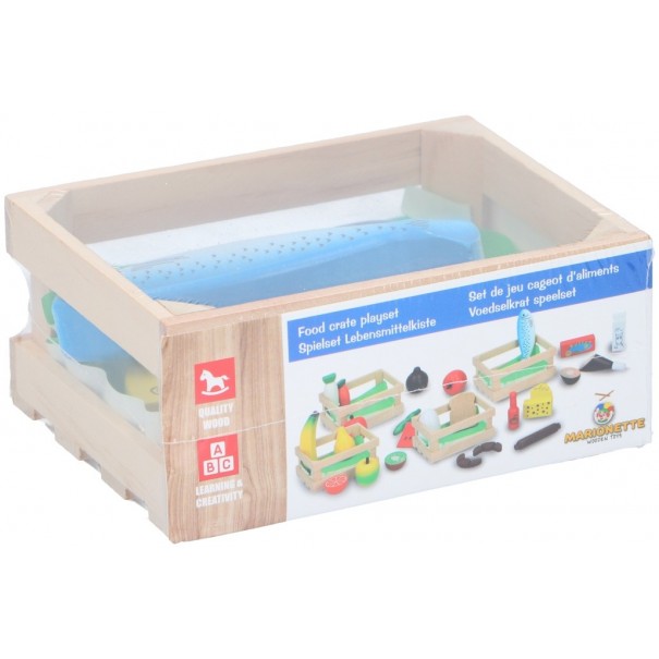 Caja de madera con comida de juguete