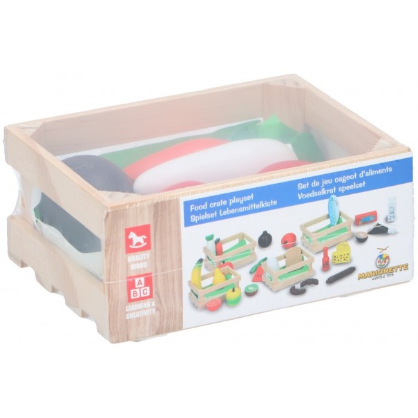 Caja de madera con comida de juguete