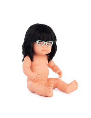 Muñeca asiática con gafas - 38 cm.